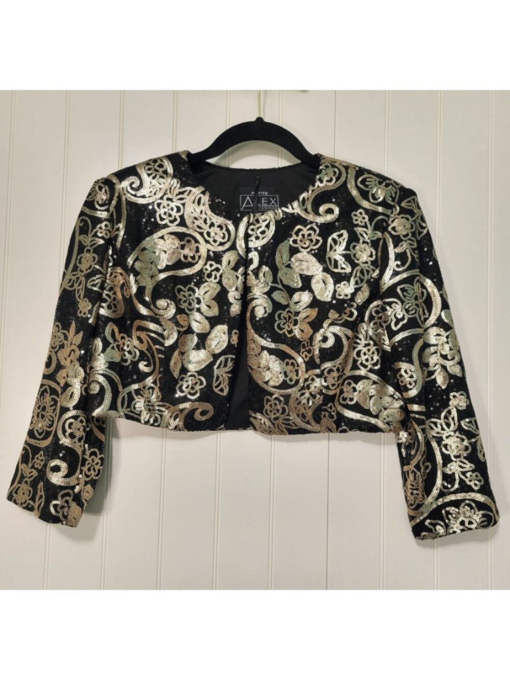 Vtg Black & Gold Sequin Paisley Floral Whimsigoth Witch Boho Crop Bolero Jacket